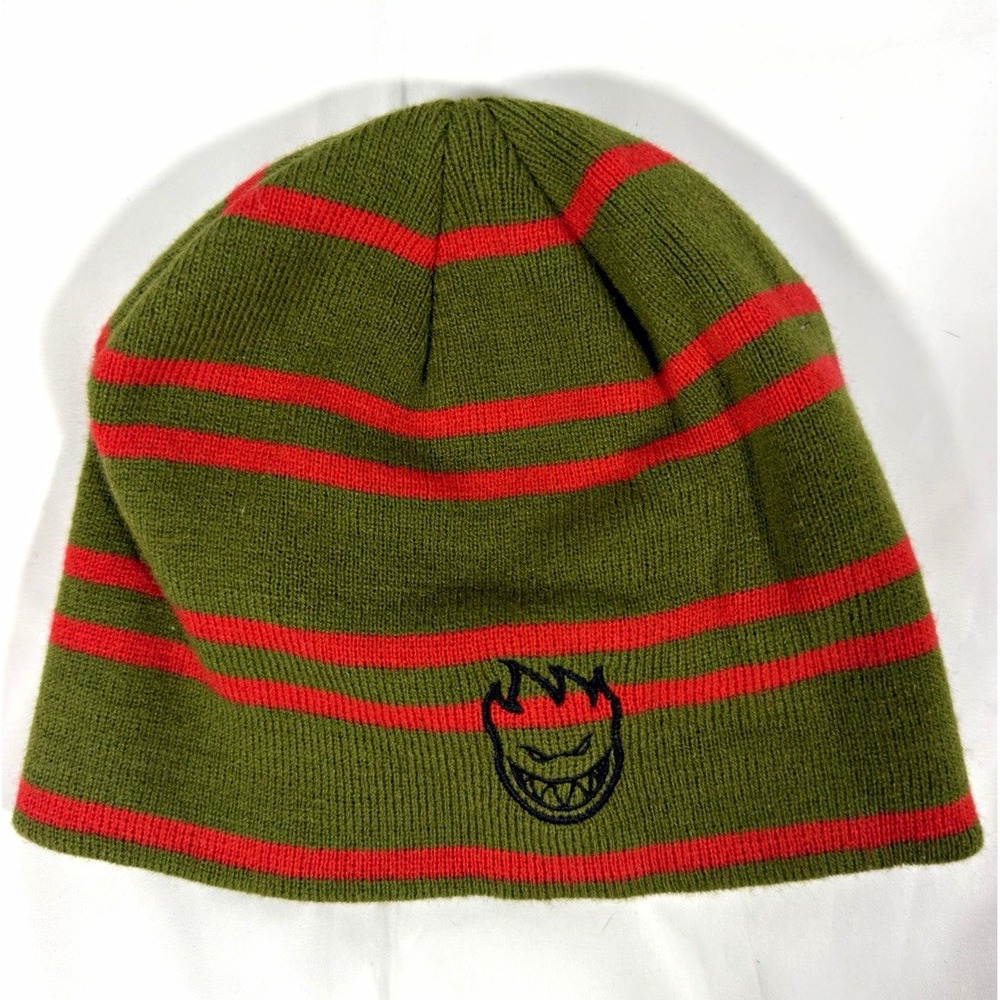 Green Red Striped Knit Acrylic Beanie Hat Flamehead Logo One Size Unisex